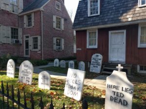 Photo showing Halloween deocrations in front of Mickle House and Greenfield Hall