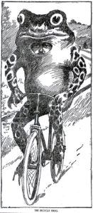 Illustration that appeared in newspapers showing a man in frog costume riding a bike