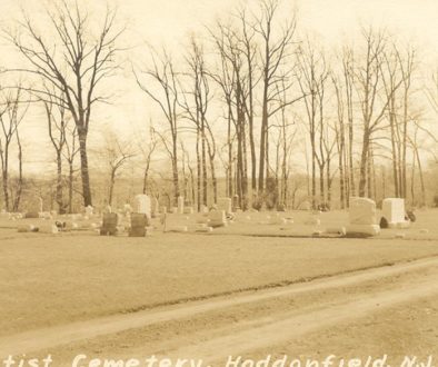 Photograph of cemetery headstones and trees