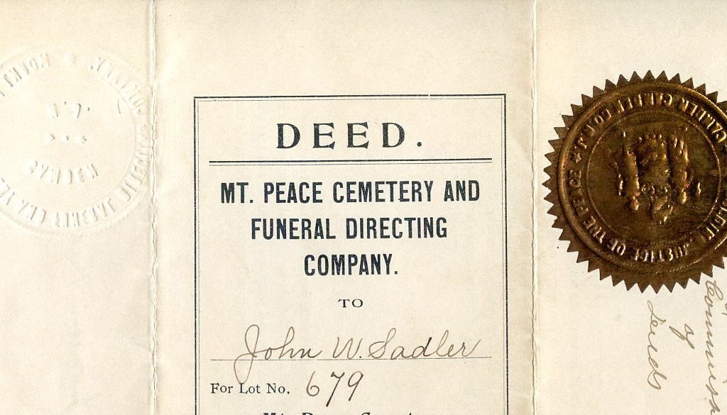 Paper deed for Mt. Peace Cemetery lot