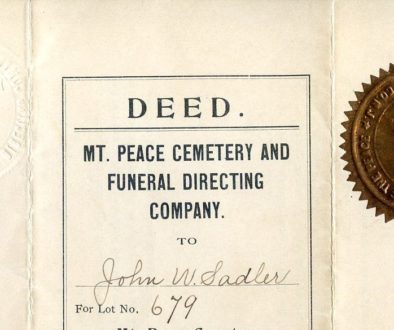 Paper deed for Mt. Peace Cemetery lot